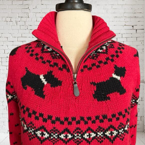 Vtg Coldwater Creek Scotty Dog Sweater Sz L Red Black Fair Isle Nordic 1/4" Zip - Picture 2 of 8